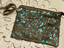 Load image into Gallery viewer, Hair on Hide Turquoise splatter large wristlet
