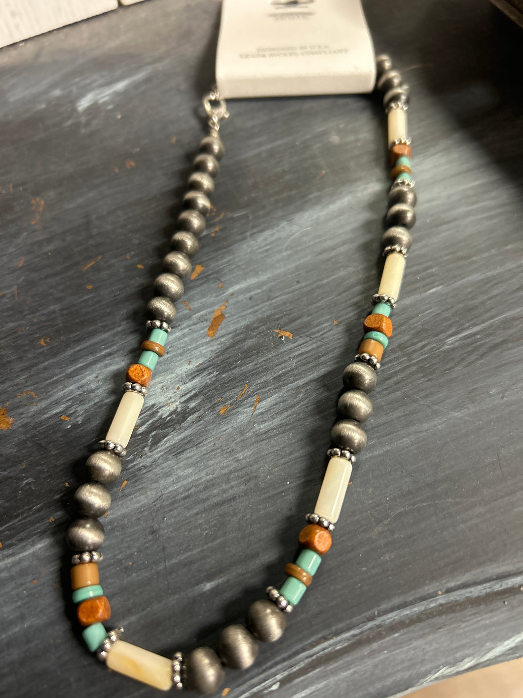 Silver Navajo, white & turquoise bead necklace