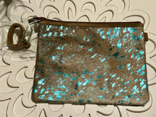 Load image into Gallery viewer, Hair on Hide Turquoise splatter large wristlet
