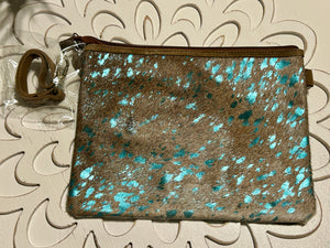 Hair on Hide Turquoise splatter large wristlet