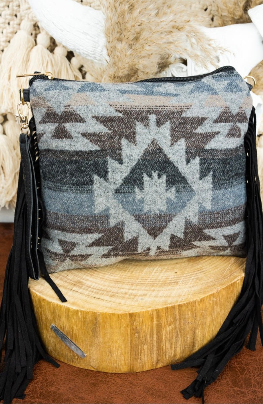 Sante Fe Saddle blanket Fringe Crossbody- Gray