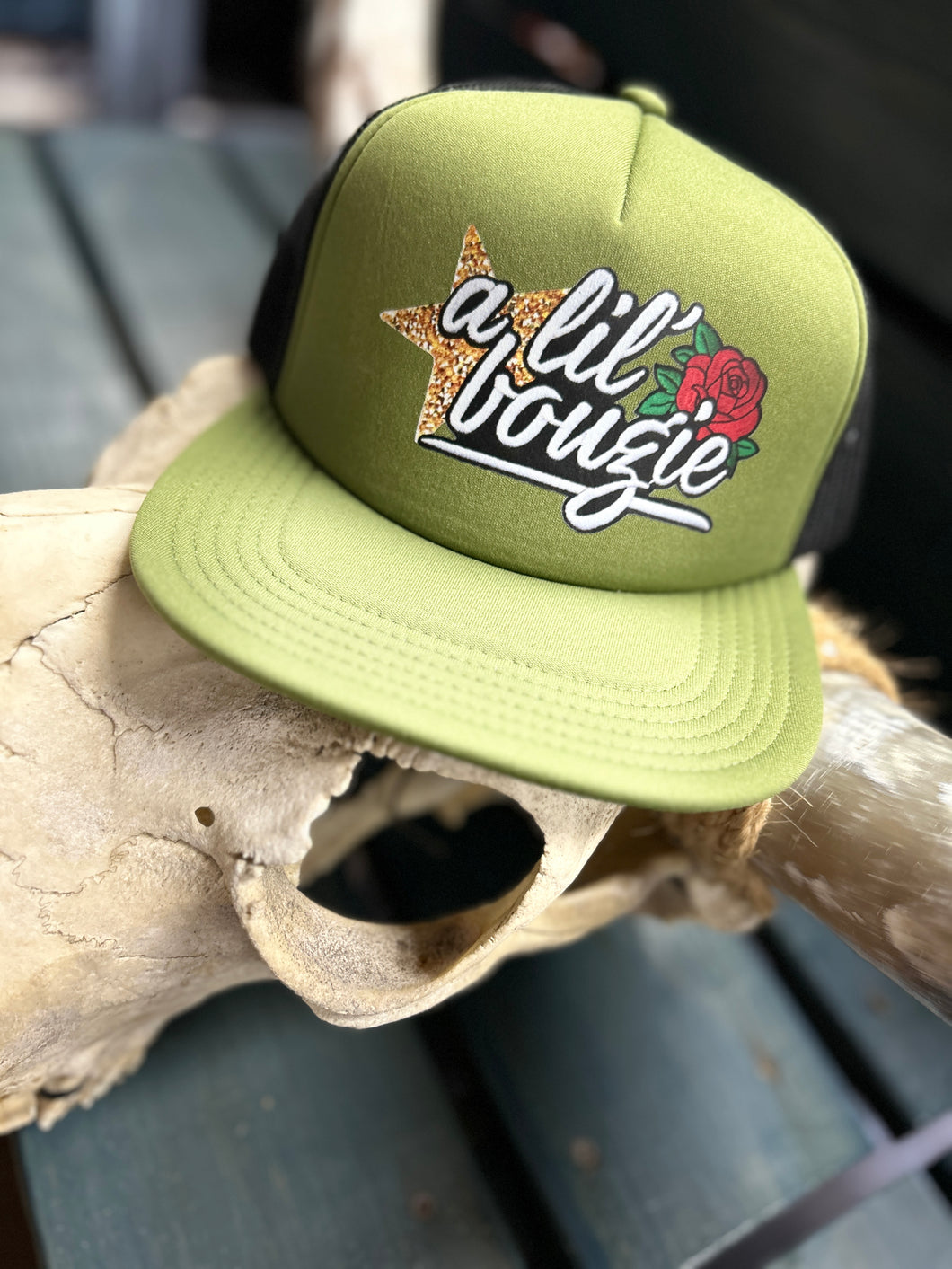 A Lil’ Bougie Trucker Hat- Olive/Black