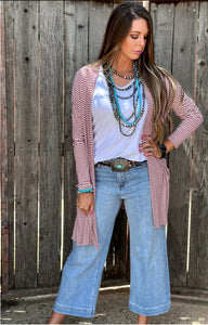 Mauve Striped Mid-Length Cardigan