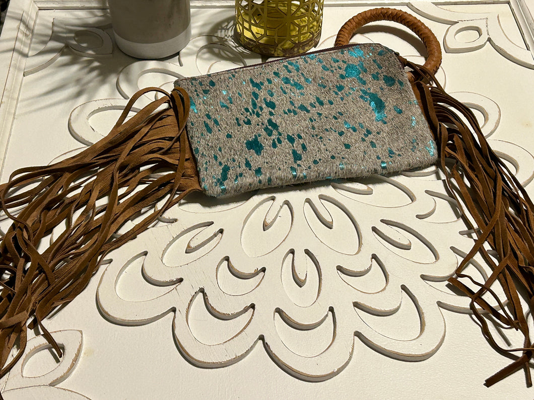 Hair on Hide Turquoise splatter Wristlet