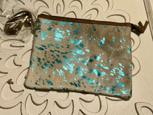 Load image into Gallery viewer, Hair on Hide Turquoise splatter large wristlet
