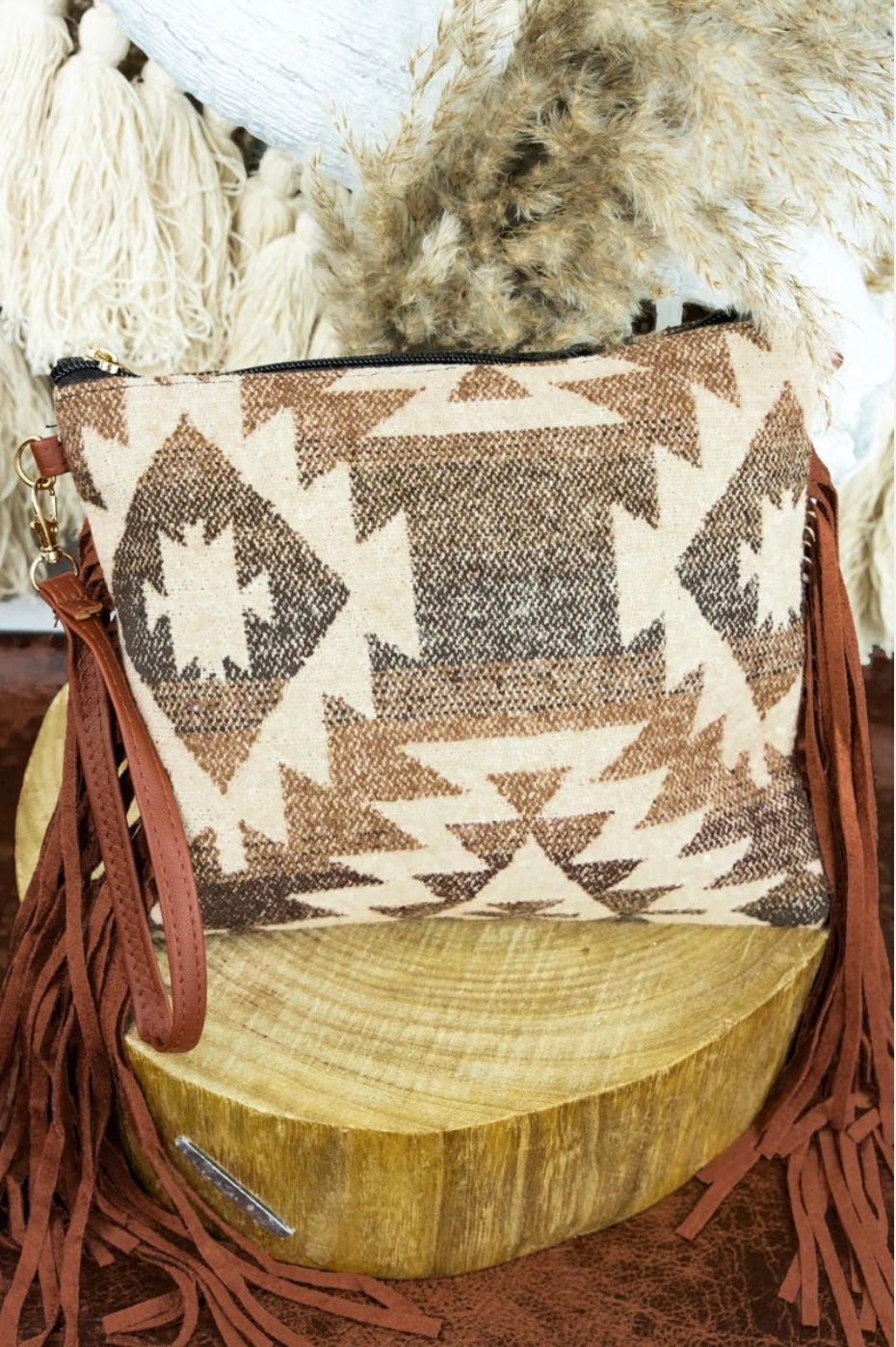 Sante Fe Saddle blanket Fringe Crossbody- Brown