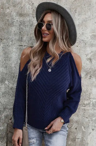 Chic Shoulder Cutout Sweater- Navy