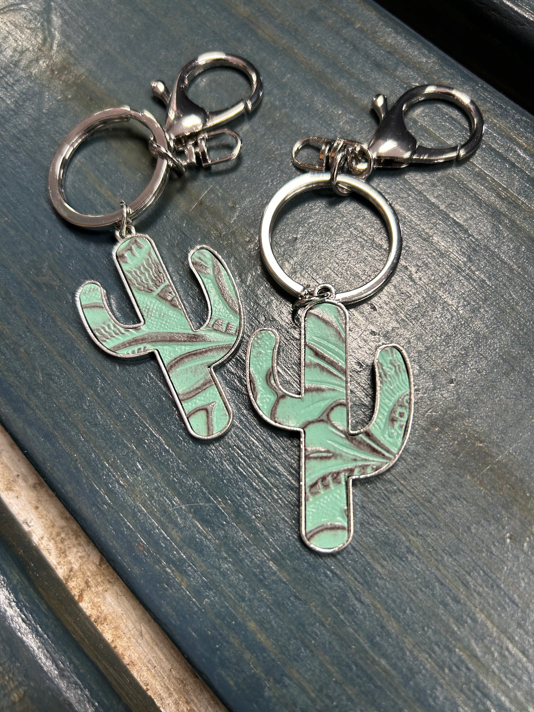 Tooled Turquoise Cactus Keychain